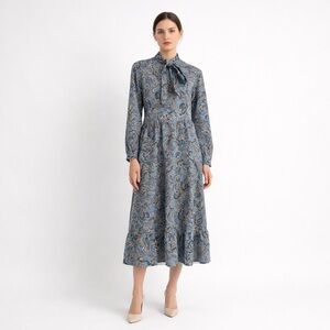 Epik Blue Paisley‎ Midi Dress Long Sleeve Boho Cottagecore Tiered XS romantic